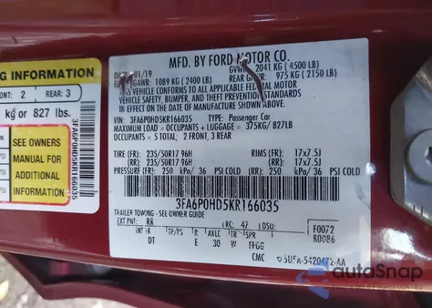 2019 Ford Fusion Se z USA, uszkodzony, nr VIN 3FA6P0HD5KR166035